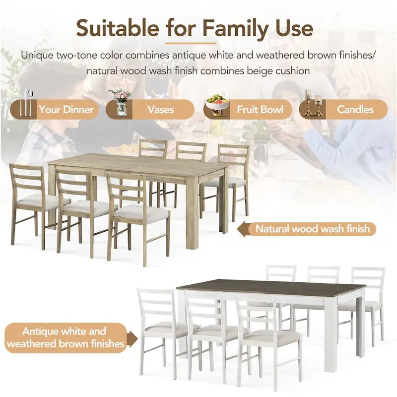 7-Piece Wooden Dining Table Set with 6 Chairs & Extendable Table