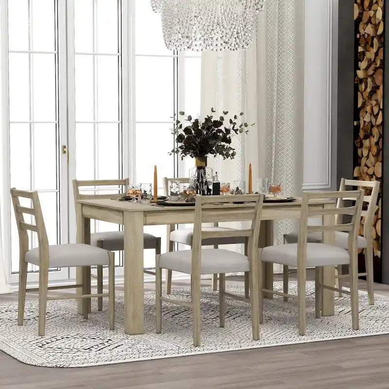 7-Piece Wooden Dining Table Set with 6 Chairs & Extendable Table