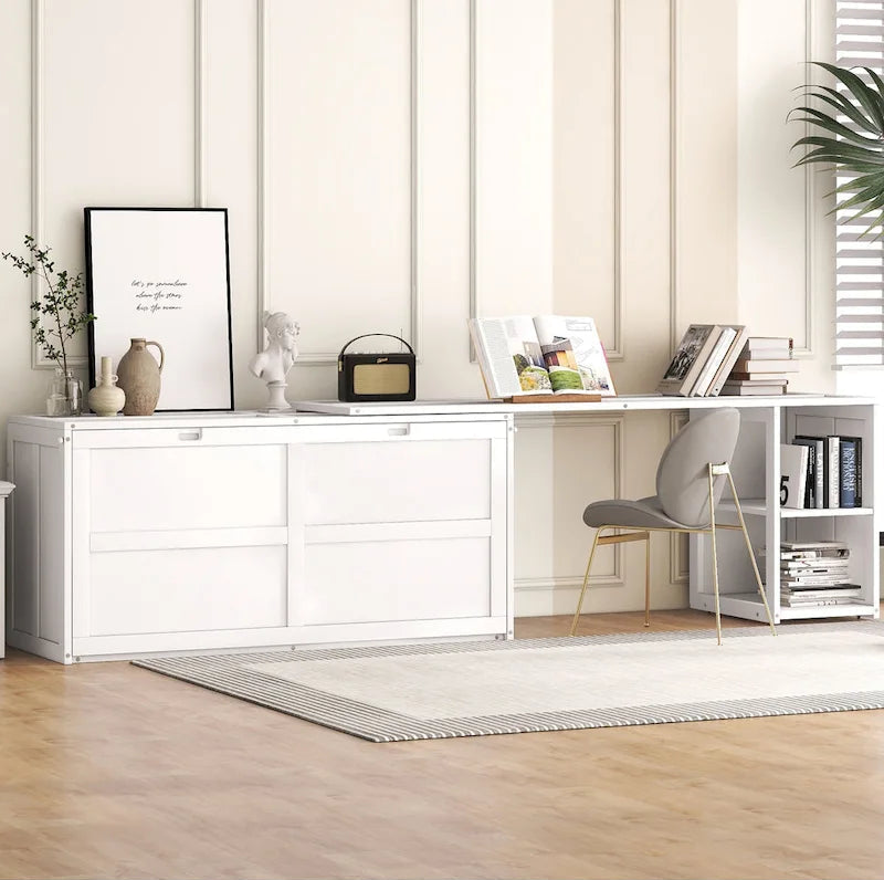 Queen Wooden Murphy Bed with Rotating Desk, Foldable Cabinet