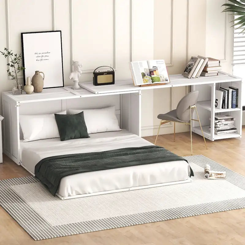 Queen Wooden Murphy Bed with Rotating Desk, Foldable Cabinet