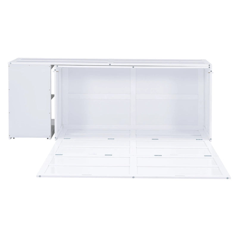 Queen Wooden Murphy Bed with Rotating Desk, Foldable Cabinet