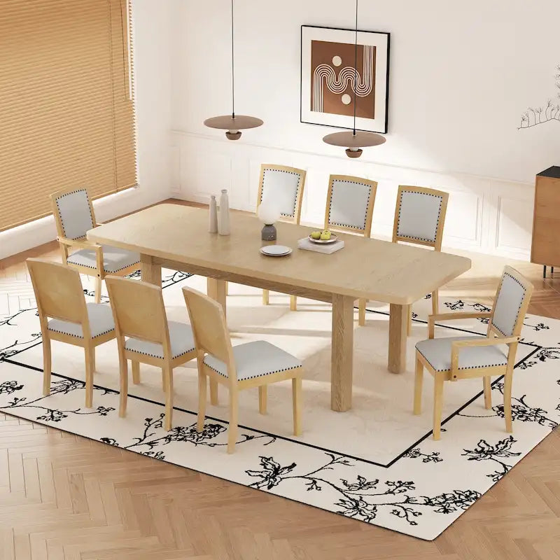 7-Piece Wooden Dining Table Set with Extendable Table, 6 Armless & 2 Armchairs