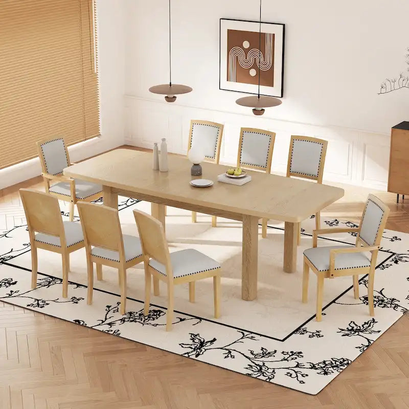 7-Piece Wooden Dining Table Set with Extendable Table, 6 Armless & 2 Armchairs