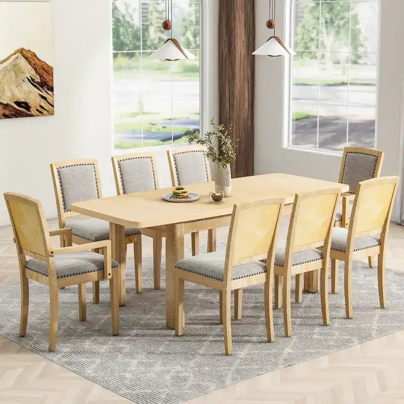7-Piece Wooden Dining Table Set with Extendable Table, 6 Armless & 2 Armchairs
