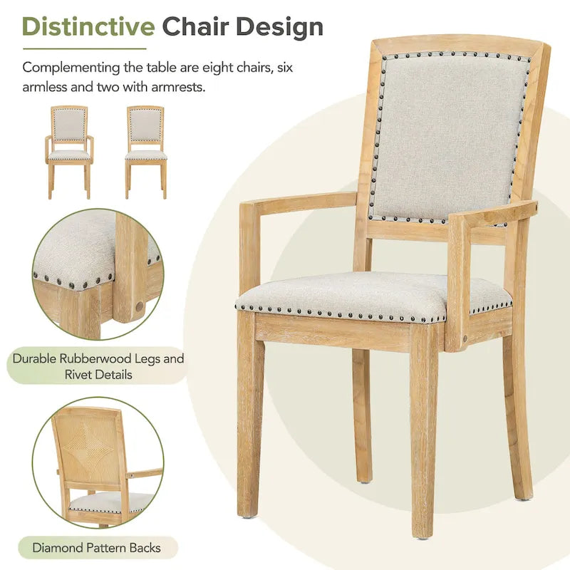 7-Piece Wooden Dining Table Set with Extendable Table, 6 Armless & 2 Armchairs