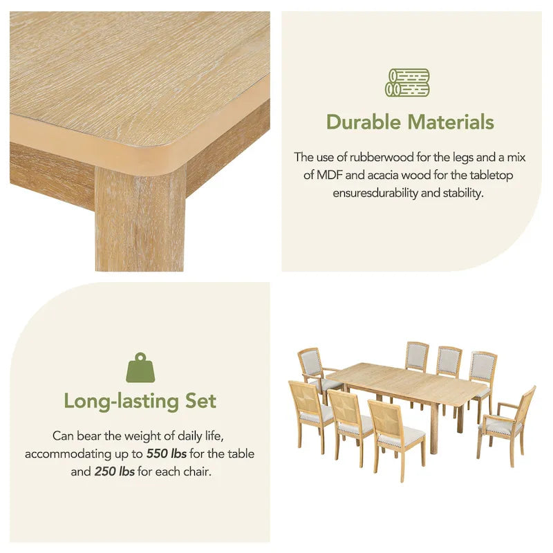 7-Piece Wooden Dining Table Set with Extendable Table, 6 Armless & 2 Armchairs