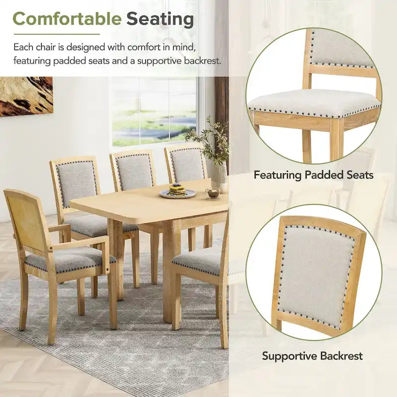 7-Piece Wooden Dining Table Set with Extendable Table, 6 Armless & 2 Armchairs