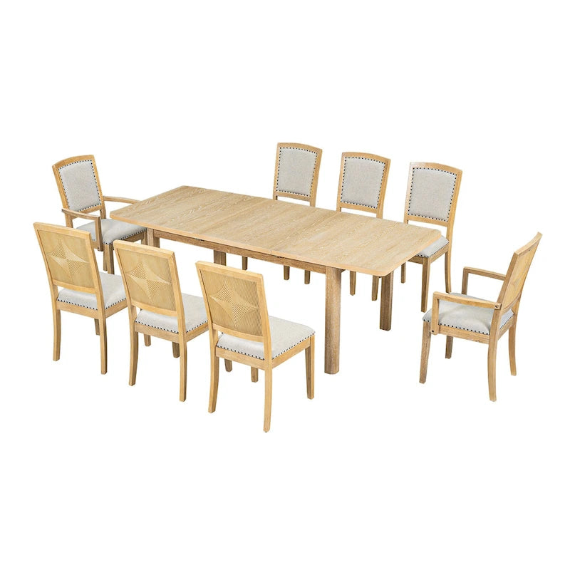 7-Piece Wooden Dining Table Set with Extendable Table, 6 Armless & 2 Armchairs