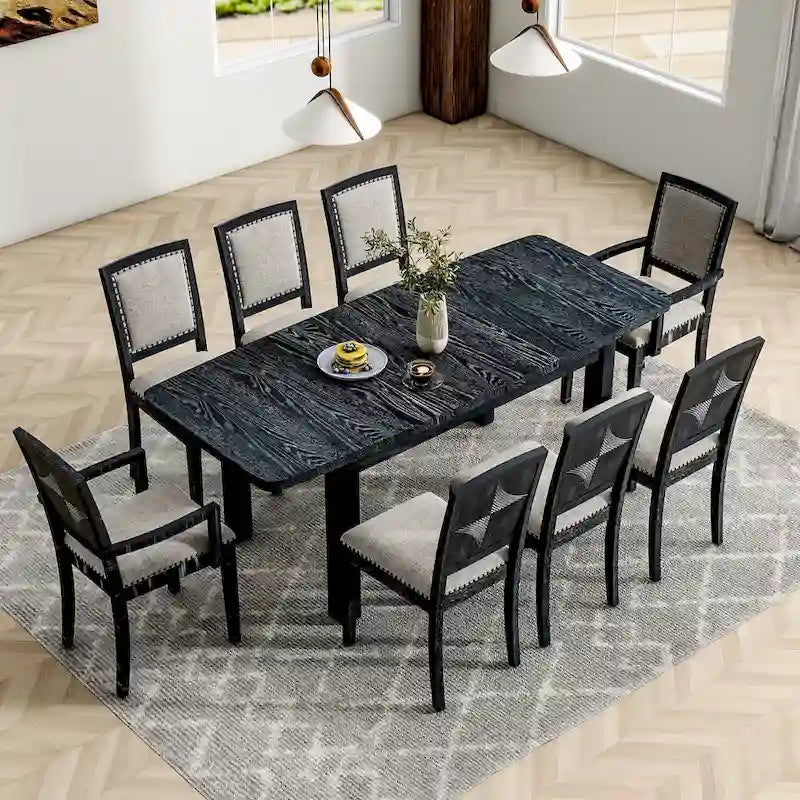 7-Piece Wooden Dining Table Set with Extendable Table, 6 Armless & 2 Armchairs