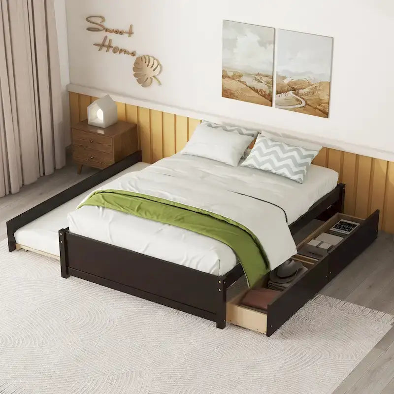 Full Solid Wood Platform Bed with Twin Trundle
