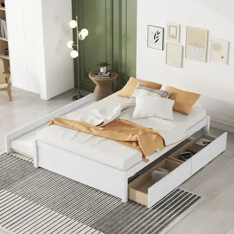 Full Solid Wood Platform Bed with Twin Trundle
