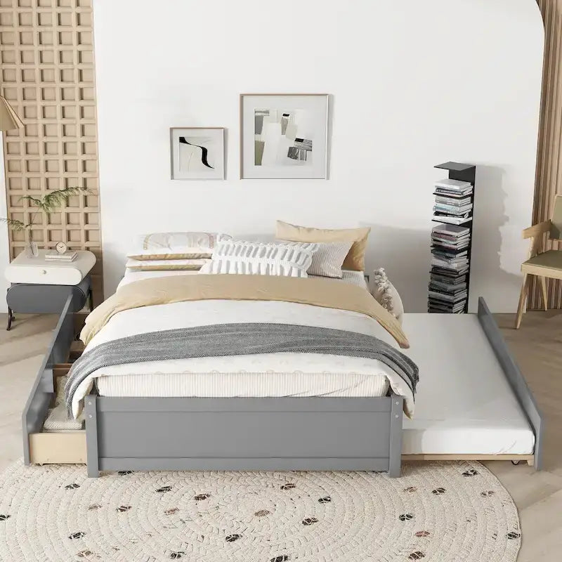 Full Solid Wood Platform Bed with Twin Trundle