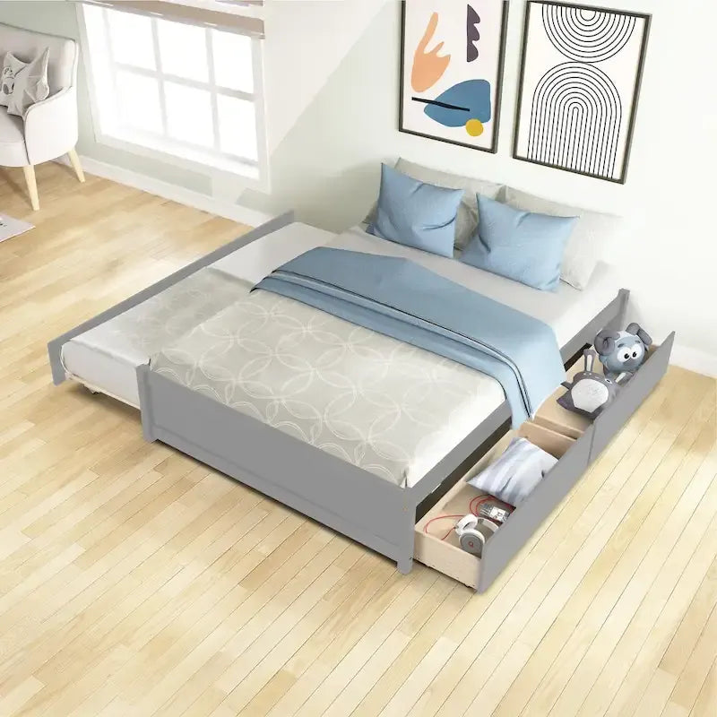 Full Solid Wood Platform Bed with Twin Trundle