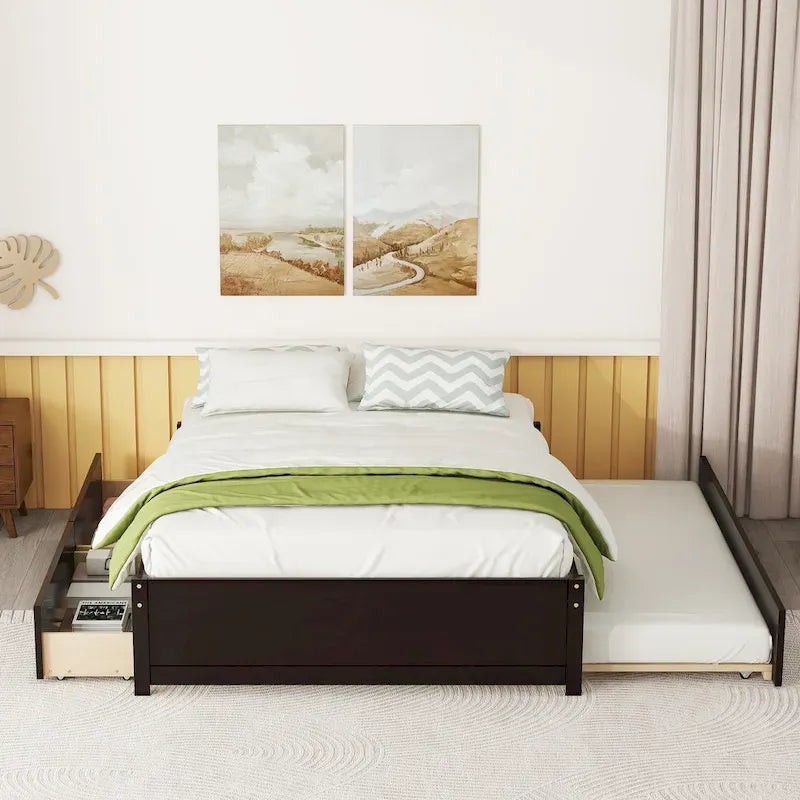 Full Solid Wood Platform Bed with Twin Trundle