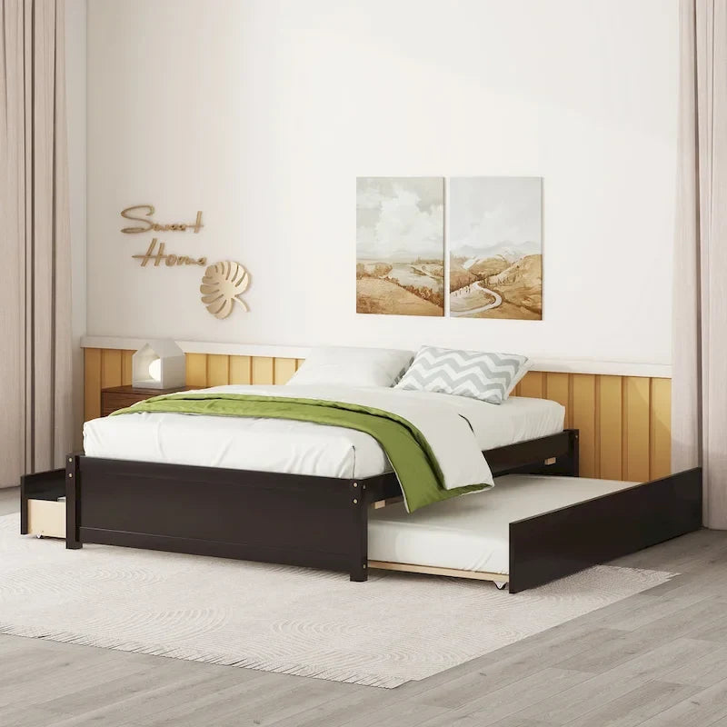 Full Solid Wood Platform Bed with Twin Trundle