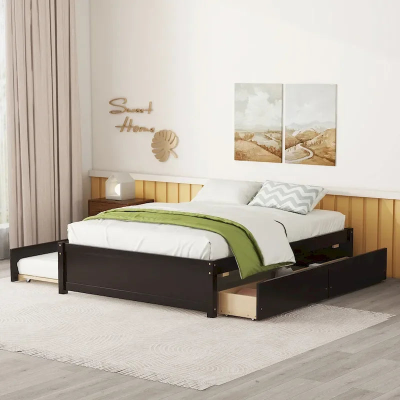 Full Solid Wood Platform Bed with Twin Trundle