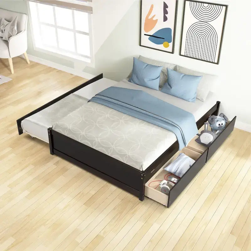 Full Solid Wood Platform Bed with Twin Trundle