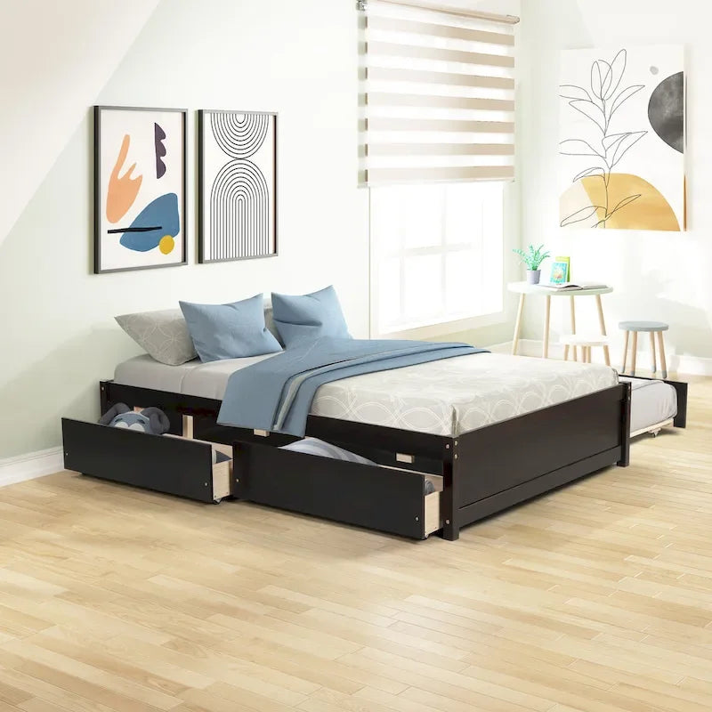 Full Solid Wood Platform Bed with Twin Trundle