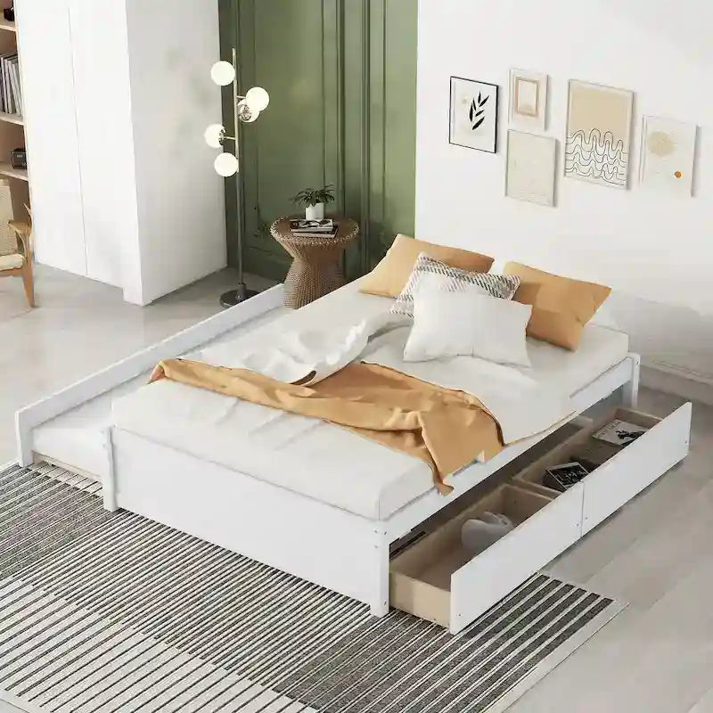 Full Solid Wood Platform Bed with Twin Trundle