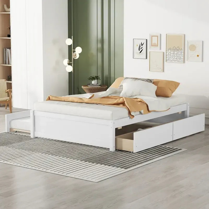 Full Solid Wood Platform Bed with Twin Trundle