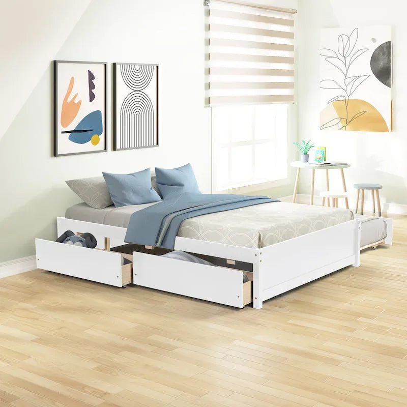 Full Solid Wood Platform Bed with Twin Trundle