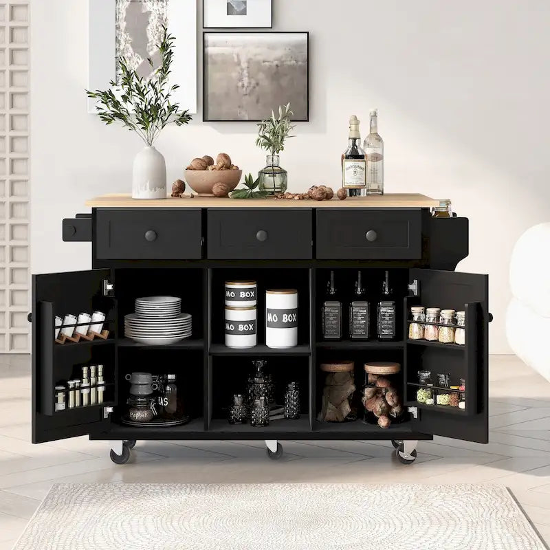 Kitchen Island Cart on 5 Wheels, Breakfast Bar Cabinet, Rolling Kitchen Island with Drop Leaf, 3 Drawers & Removable Shelves