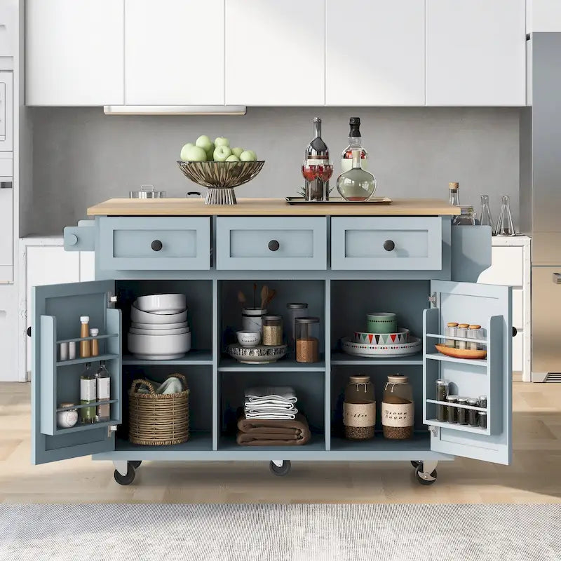 Kitchen Island Cart on 5 Wheels, Breakfast Bar Cabinet, Rolling Kitchen Island with Drop Leaf, 3 Drawers & Removable Shelves