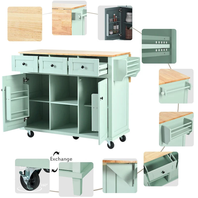 Kitchen Island Cart on 5 Wheels, Breakfast Bar Cabinet, Rolling Kitchen Island with Drop Leaf, 3 Drawers & Removable Shelves