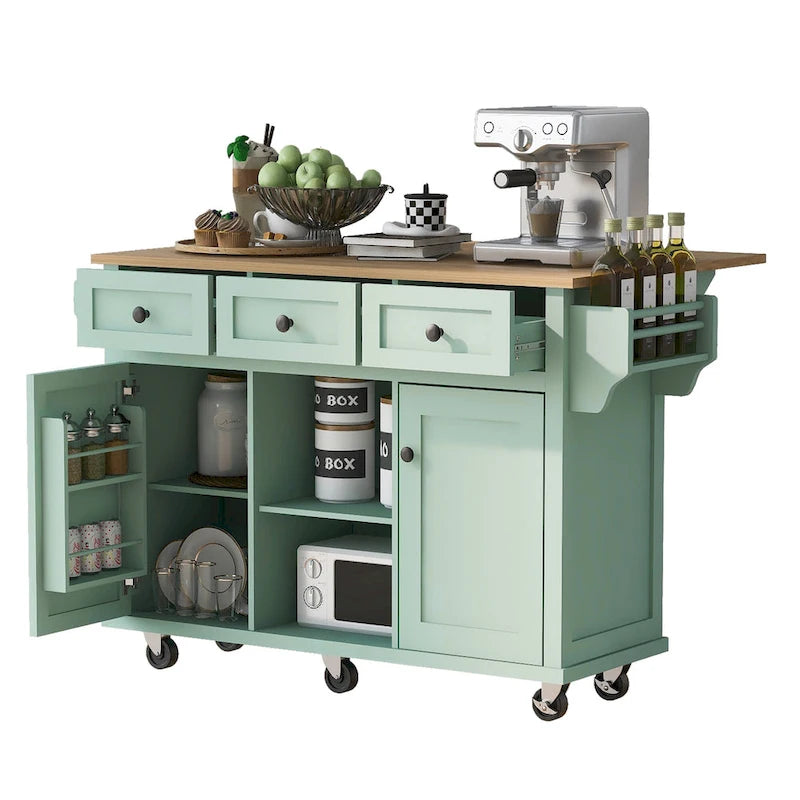 Kitchen Island Cart on 5 Wheels, Breakfast Bar Cabinet, Rolling Kitchen Island with Drop Leaf, 3 Drawers & Removable Shelves