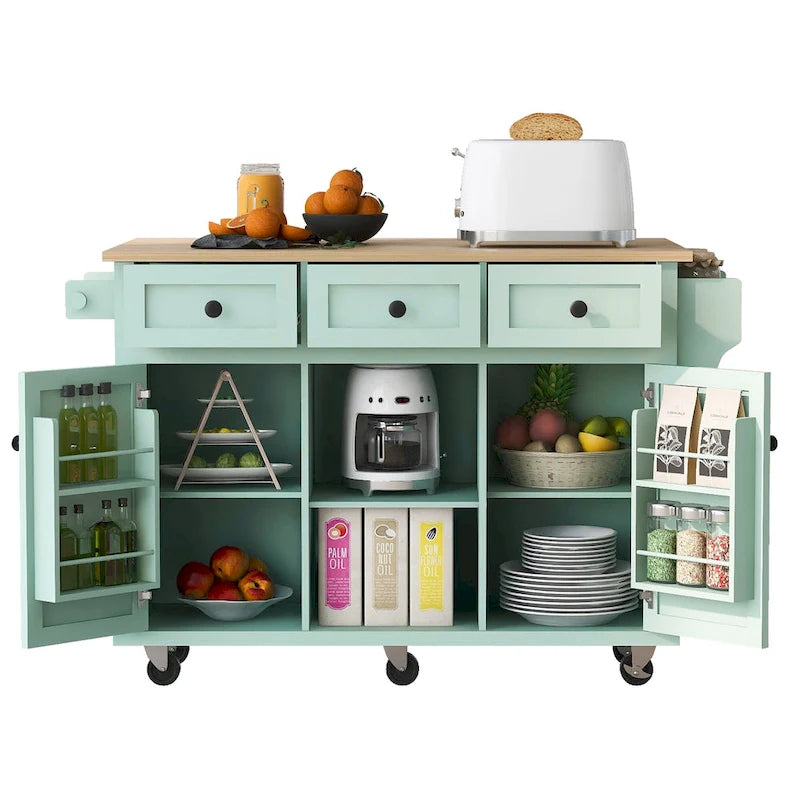 Kitchen Island Cart on 5 Wheels, Breakfast Bar Cabinet, Rolling Kitchen Island with Drop Leaf, 3 Drawers & Removable Shelves
