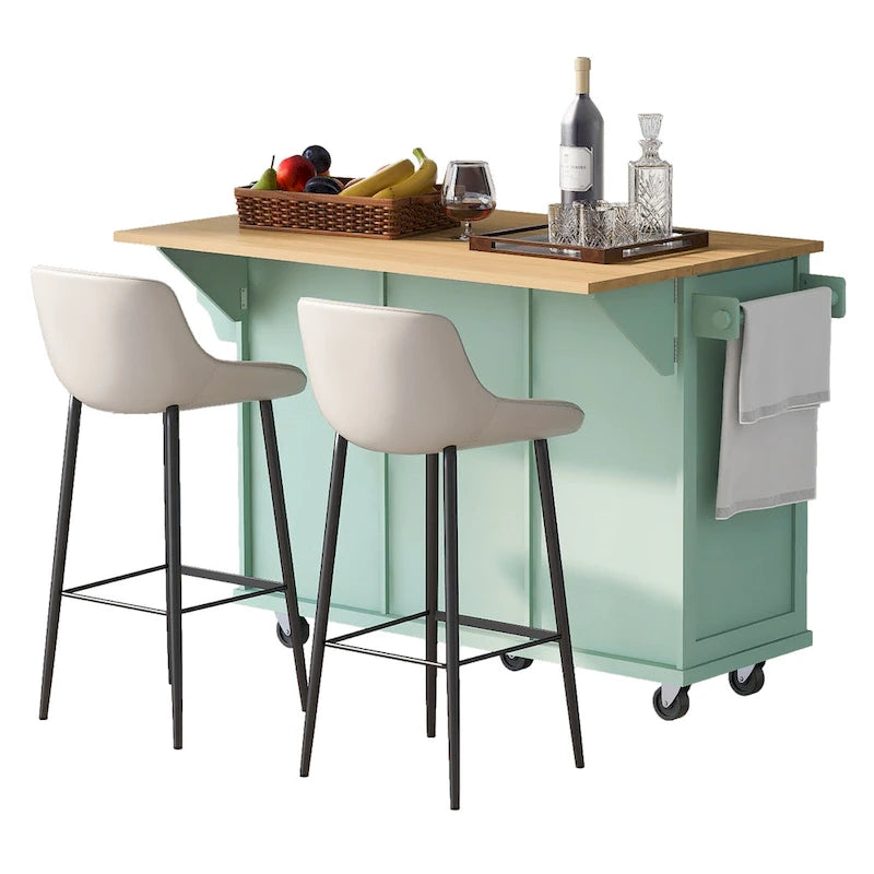 Kitchen Island Cart on 5 Wheels, Breakfast Bar Cabinet, Rolling Kitchen Island with Drop Leaf, 3 Drawers & Removable Shelves