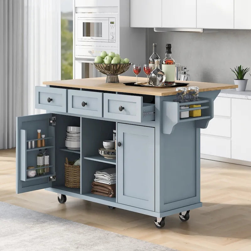 Kitchen Island Cart on 5 Wheels, Breakfast Bar Cabinet, Rolling Kitchen Island with Drop Leaf, 3 Drawers & Removable Shelves