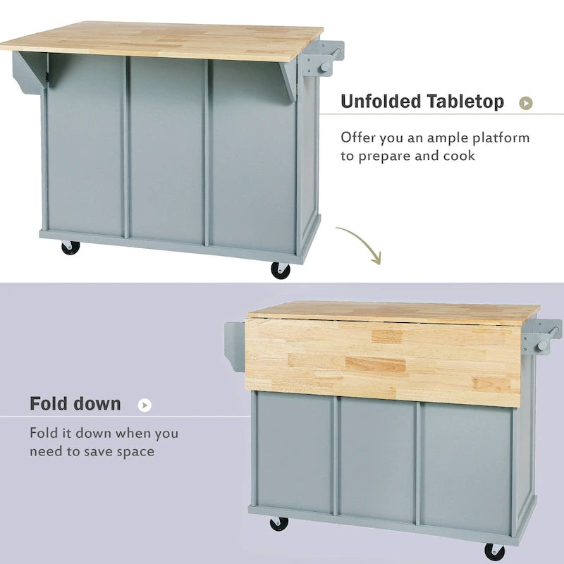 Kitchen Island Cart on 5 Wheels, Breakfast Bar Cabinet, Rolling Kitchen Island with Drop Leaf, 3 Drawers & Removable Shelves
