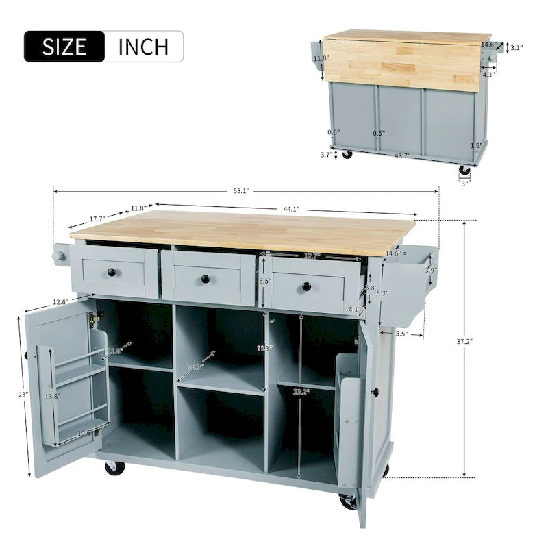 Kitchen Island Cart on 5 Wheels, Breakfast Bar Cabinet, Rolling Kitchen Island with Drop Leaf, 3 Drawers & Removable Shelves