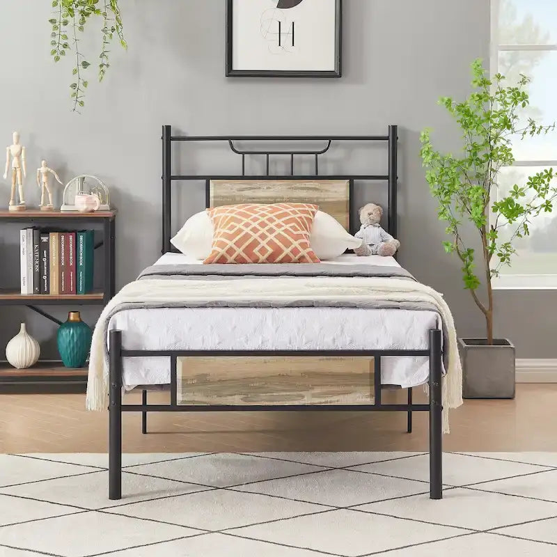 VECELO Industrial Bed Frame with Wood Headboard,Twin/Full/Queen Size Bed, Black/Brown/Slate-3 colors