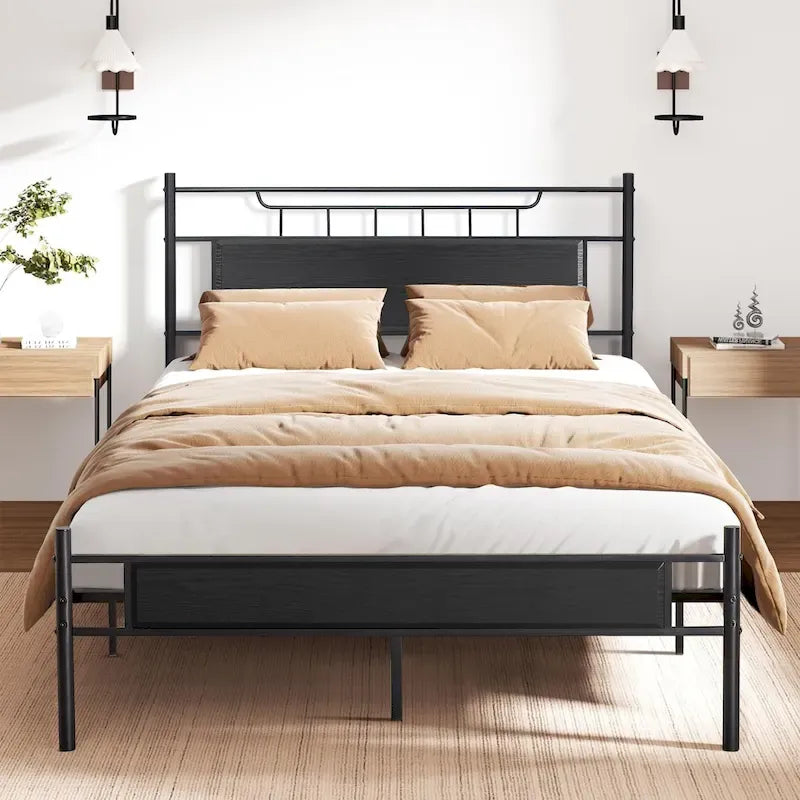 VECELO Industrial Bed Frame with Wood Headboard,Twin/Full/Queen Size Bed, Black/Brown/Slate-3 colors