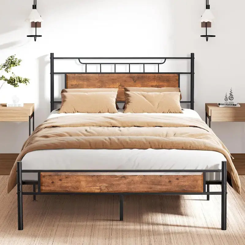 VECELO Industrial Bed Frame with Wood Headboard,Twin/Full/Queen Size Bed, Black/Brown/Slate-3 colors