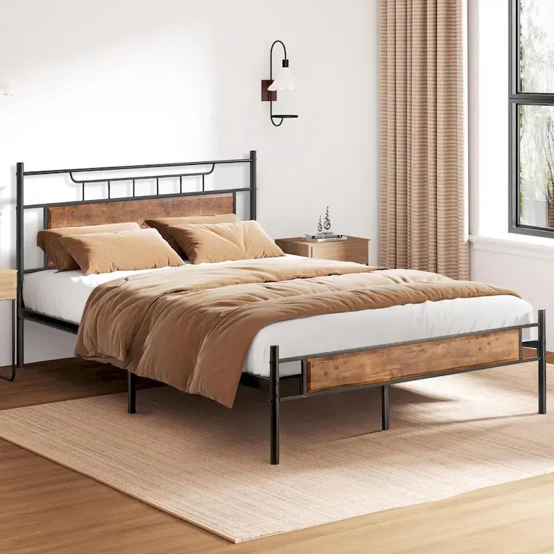 VECELO Industrial Bed Frame with Wood Headboard,Twin/Full/Queen Size Bed, Black/Brown/Slate-3 colors