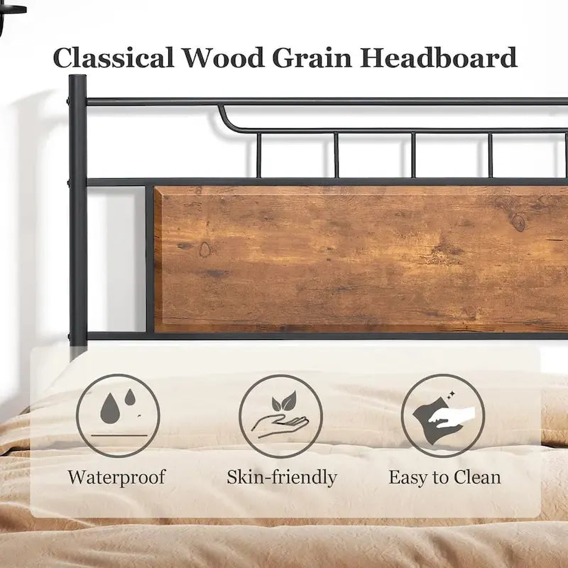 VECELO Industrial Bed Frame with Wood Headboard,Twin/Full/Queen Size Bed, Black/Brown/Slate-3 colors