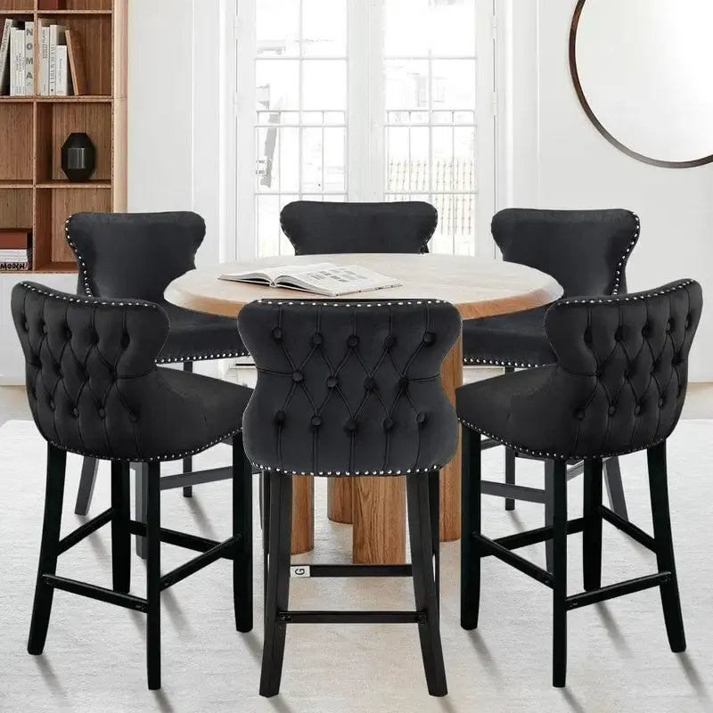Button Tufted Velvet Wing Back Barstools Set of 6