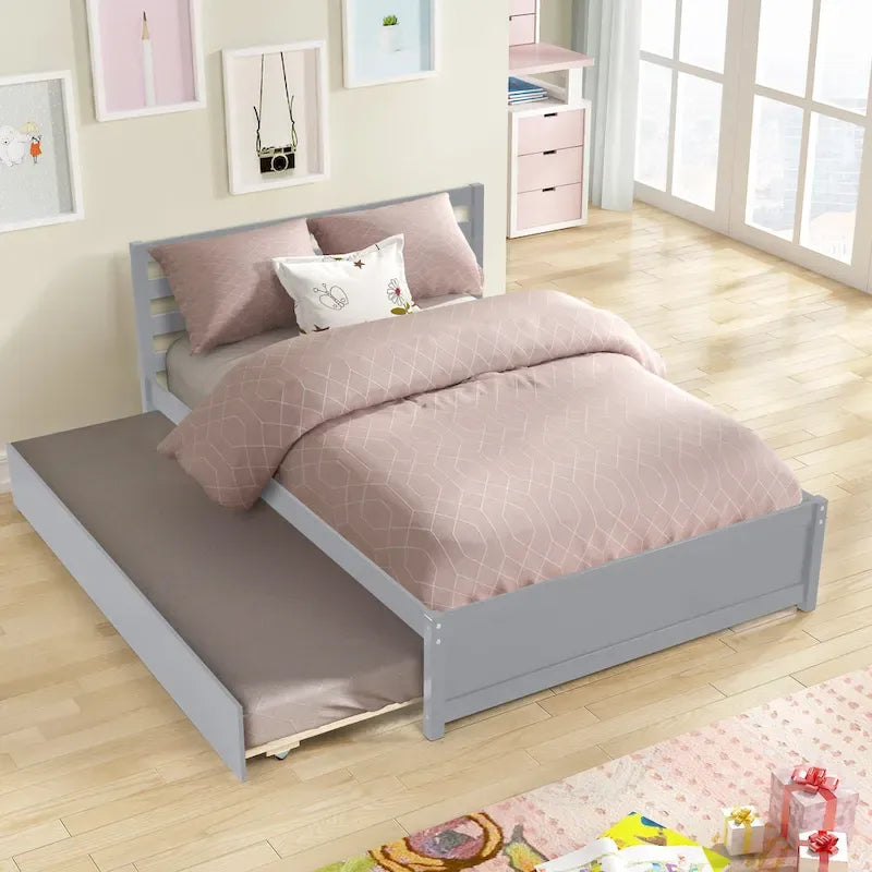 Full Size Wood Platform Bed Frame with Headboard and Twin Trundle