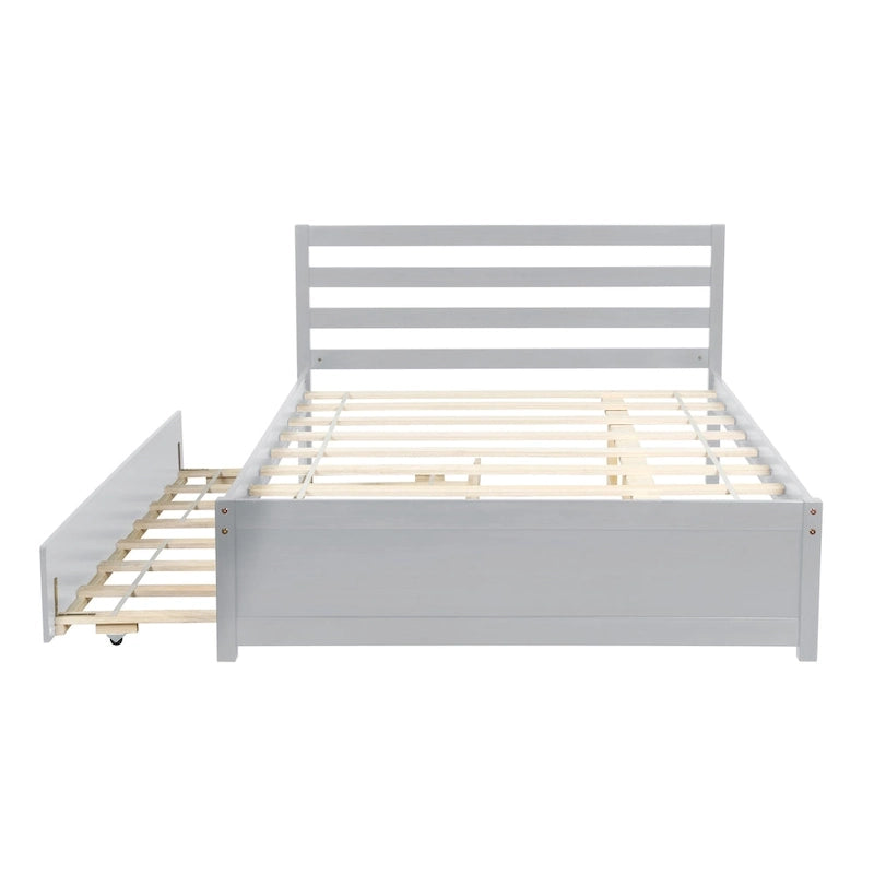 Full Size Wood Platform Bed Frame with Headboard and Twin Trundle