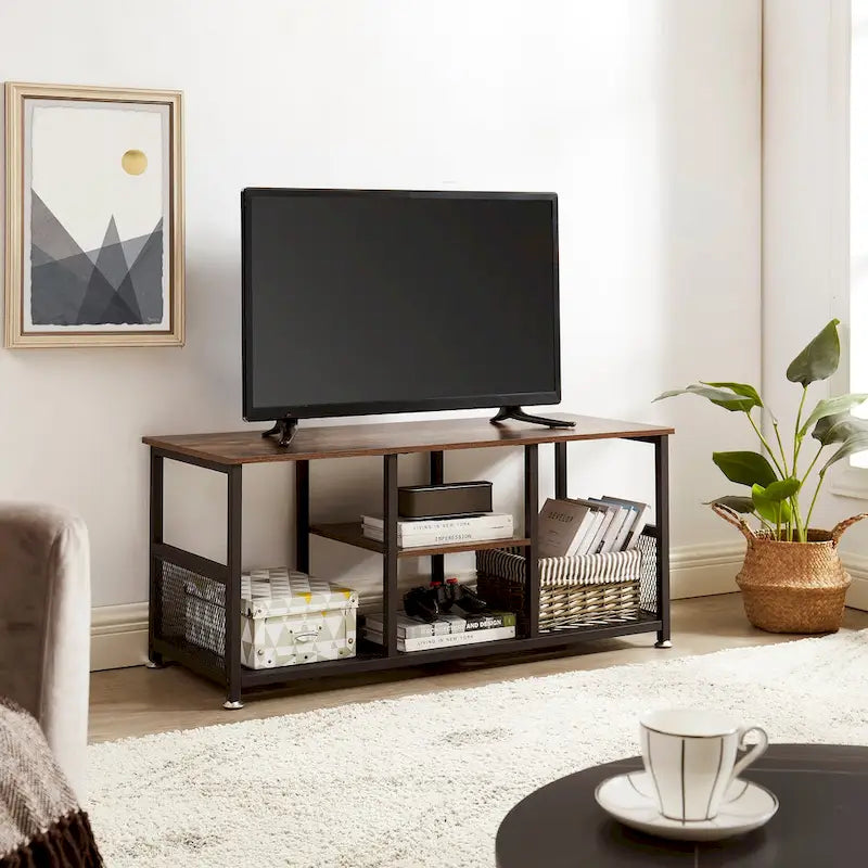 Javlergo TV Stand Industrial Entertainment Center Media Console Table with Storage and Mesh Shelf for Living Room/Bedroom, Brown