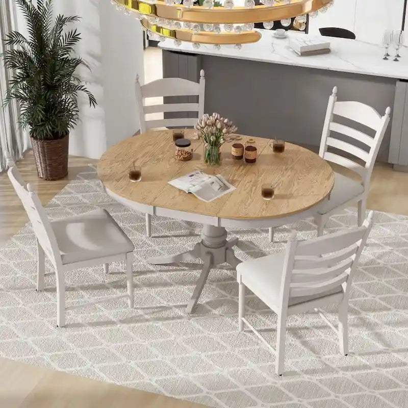 5-Piece Retro Functional Dining Table Set Wood Round Extendable Dining Table and 4 Upholstered Dining Chairs