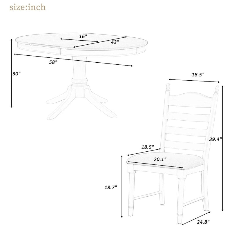5-Piece Retro Functional Dining Table Set Wood Round Extendable Dining Table and 4 Upholstered Dining Chairs