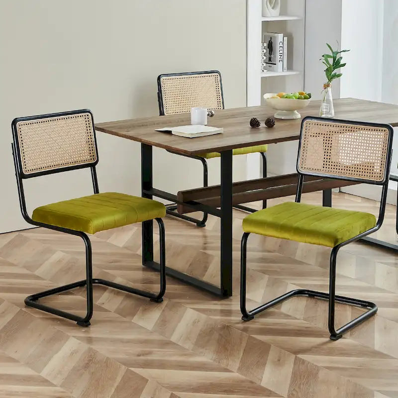 Velvet Upholstered Rattan Dining Chairs Set of 2/4