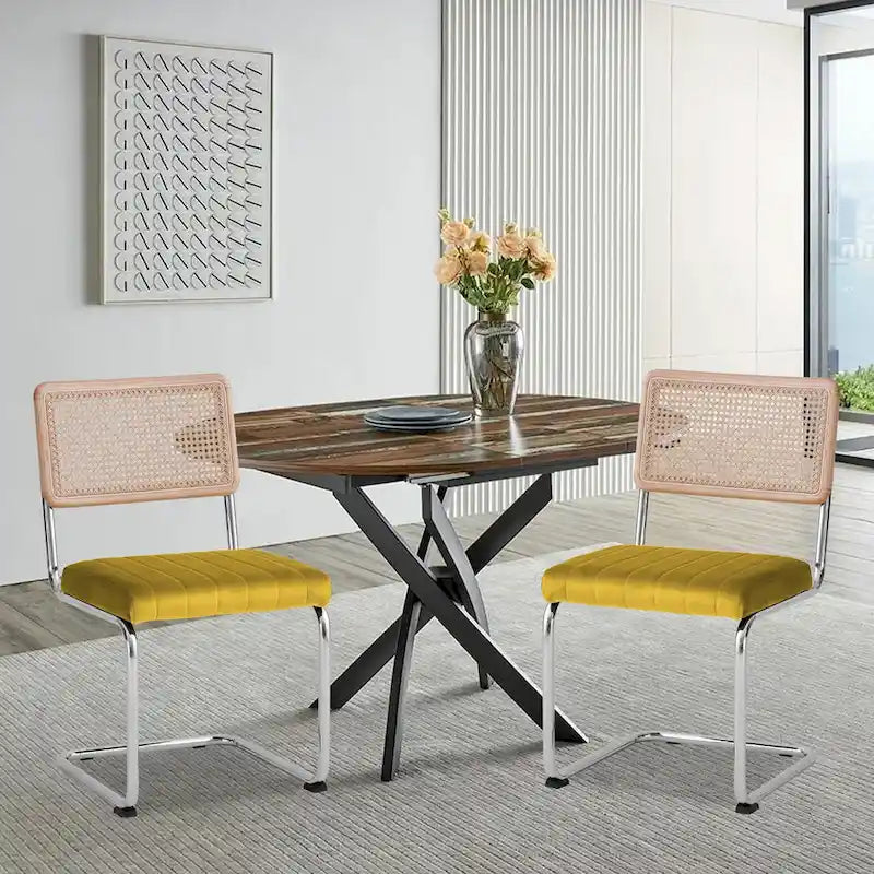 Velvet Upholstered Rattan Dining Chairs Set of 2/4