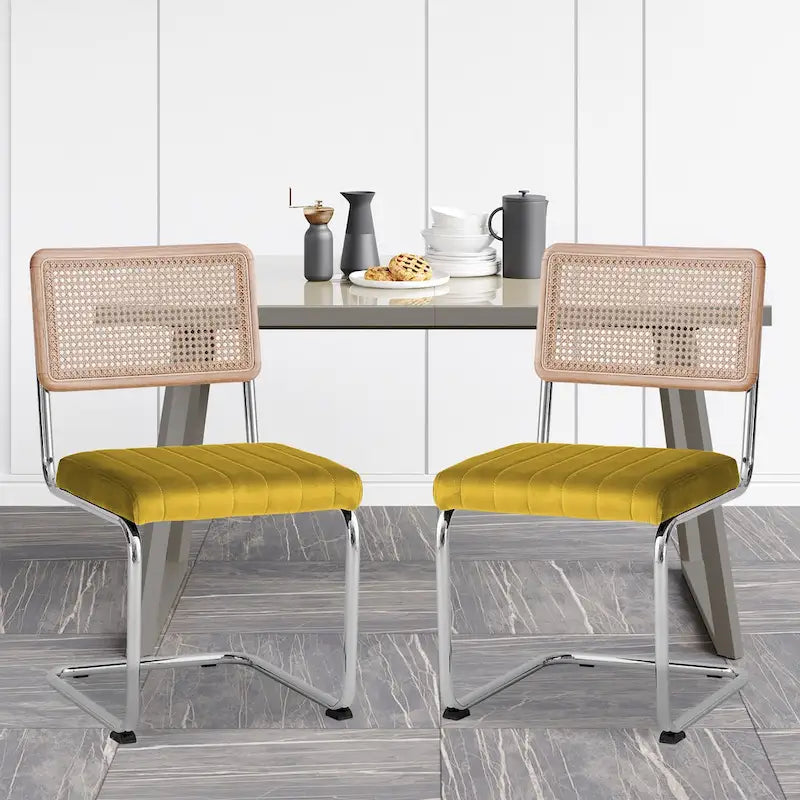 Velvet Upholstered Rattan Dining Chairs Set of 2/4