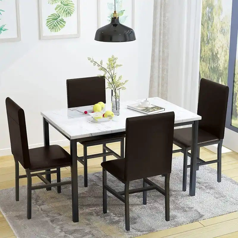 Mieres 5 Pieces Faux Marble Dining Table Set with 4 Upholstered PU Leather Chairs