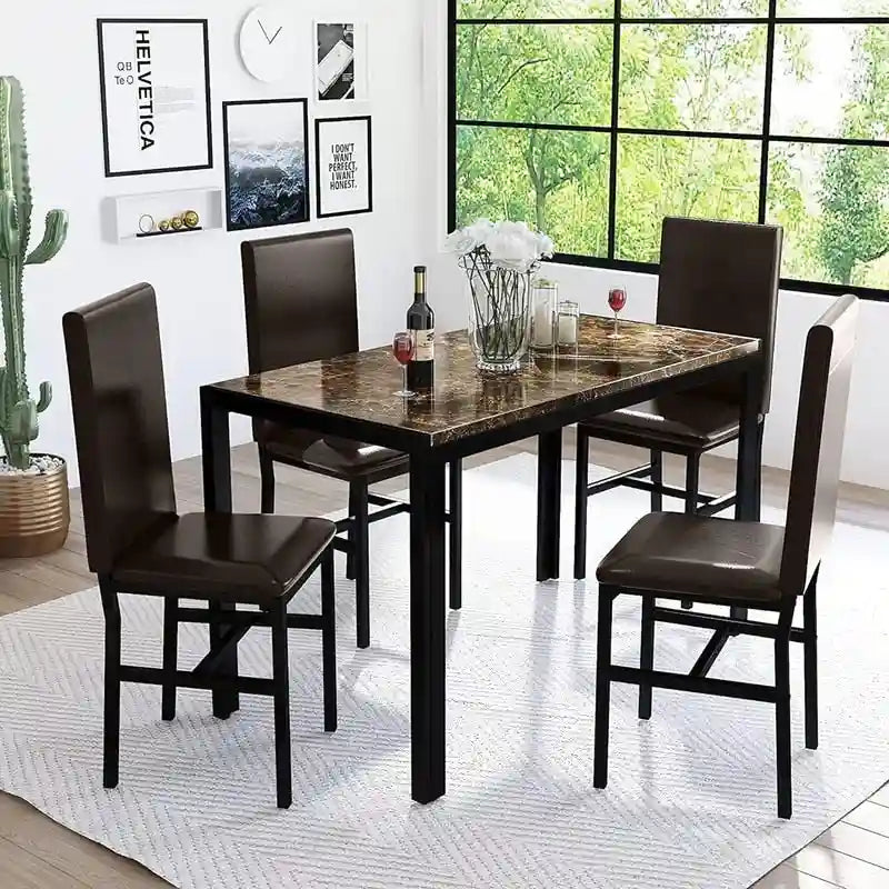 Mieres 5 Pieces Faux Marble Dining Table Set with 4 Upholstered PU Leather Chairs